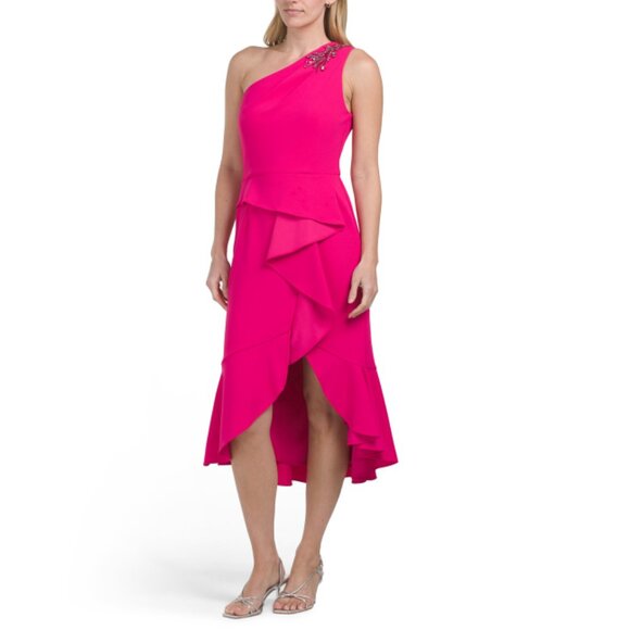 ADRIANNA PAPELL Geranium Rhinestone One Shoulder Dress - Picture 1 of 2